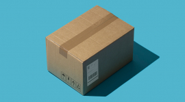 A sealed cardboard box with a shipping label.